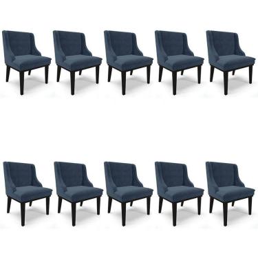 Imagem de Kit 10 Cadeiras Estofadas Para Sala De Jantar Base Fixa De Madeira Preto Lia Suede Azul Marinho - Ibiza