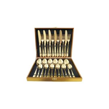 Imagem de Conjunto de Talheres 24 Peças em Aço Inoxidável com Maleta Dourada, Acabamento Espelhado, Resistente à Corrosão, Inclui Facas, Garfos, Colheres