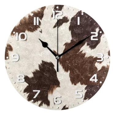 Imagem de JUZIHAI Relógio de parede marrom branco de vaca silencioso, sem tique-taque, relógios de parede redondos, operados por bateria, fácil de ler, relógio decorativo de parede para casa, cozinha, sala de