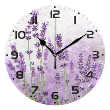 Imagem de JUZIHAI Relógio de parede com flores de lavanda silencioso, sem tique-taque, redondo, operado por bateria, fácil de ler, relógio decorativo de parede para casa, cozinha, sala de estar, quarto