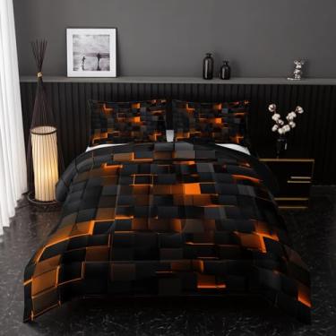 Imagem de Nttopship Conjunto de cama King geométrico neon amarelo e preto, 3 peças, geométrico, favo de mel, conjunto de colcha moderna, 1 edredom e 2 fronhas, decoração de quarto legal para todas as estações,