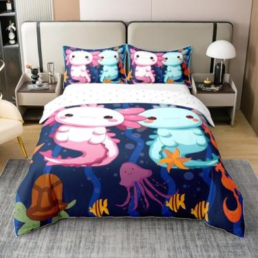 Imagem de Feelyou Conjunto de capa de edredom infantil 100% algodão Axolotl rosa azul, desenho animado fofo animal do oceano Axolotl, tamanho Queen, capa de edredom kawaii, axolote do mar, sem edredom para