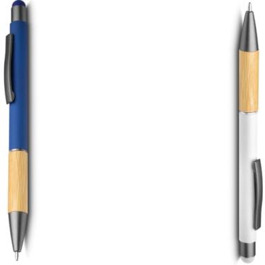 Imagem de Caneta Esferográfica em Alumínio Reciclável com Bambu, Escrita Azul, Ponta Touch, Refil Parker, Executiva (Azul e Branco)