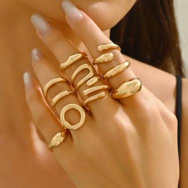 Imagem de Conjunto de anéis empilháveis de ouro grosso para mulheres, anéis de articulação, alianças em camadas, joias modernas, presente para ela, Medium, Latão, Sem pedra preciosa