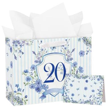 Imagem de WRAPAHOLIC Saco grande de presente de aniversário de 20 anos de 33 cm com cartão e papel de seda - Sacos de papel com emblema floral listrado azul para aniversário de 20 anos e festa de lembrança