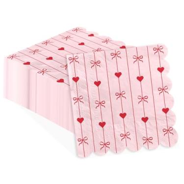 Imagem de Greencian 100 guardanapos de papel com laço vermelho rosa 2 camadas de laço vermelho recortado laço descartável absorvente rosa convidados guardanapos para casamento, dia dos namorados, chá de panela