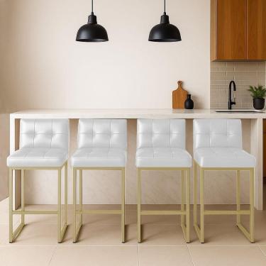 Imagem de Banqueta Cozinha Alta Com Encosto Industrial Kit 4 Champanhe Lirina Pu C05 - D`rossi Branco