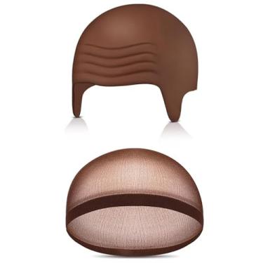 Imagem de PORSMEER Touca careca, bonés de látex de Halloween com touca de peruca de nylon para mulheres, homens, adultos, acessórios de constume, marrom