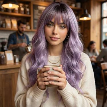 Imagem de Peruca de cabelo humano ondulado com franja, 61 cm, peruca de cabelo humano de aparência natural com alças ajustáveis para uso diário e festa, cinza e roxo ombré