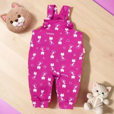 Imagem de Jardineira para Bebê Longa Estampa Minimalista Gatinha Pink - Era Uma 