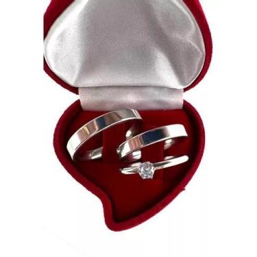 Imagem de Par Aliança reta Prata  Aço inoxidável Clássica De Namoro + Solitário 