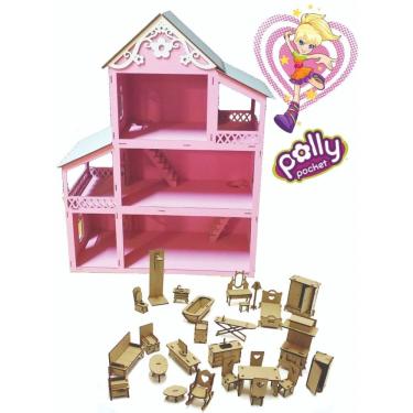 Imagem de Casa Casinha de Boneca Polly Barbie Pocket em Mdf Pintado Rosa Com 38 Mini Moveis Fácil de Montar 60cm