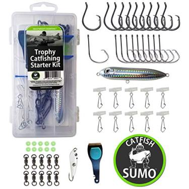 Imagem de Conjunto completo de coletes Catfish Rig | Kit de pesca de troféu com ganchos de círculo 8/0, caixa de armazenamento, deslizadores de pia, protetores de nó, giratórios, boia de linha de chocalho, mamilos e decalque