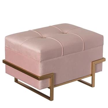 Imagem de Otomano grande tufado minimalista retangular de veludo com pernas de metal dourado (rosa)