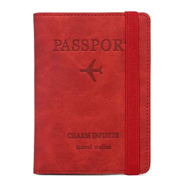 Imagem de Porta-passaporte para cartão de vacina com faixa elástica, carteira de pu couro com bloqueio de RFID, capa de viagem para passaporte/cartão de crédito/cartão de embarque/vacinação