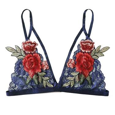 Imagem de Bigfanshu Roupa íntima feminina sexy nova lingerie bordada aplique push up top sutiã body, Azul, Small
