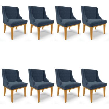 Imagem de Kit 8 Cadeiras Estofadas para Sala de Jantar Base Fixa de Madeira Castanho Lia Suede Azul Marinho -
