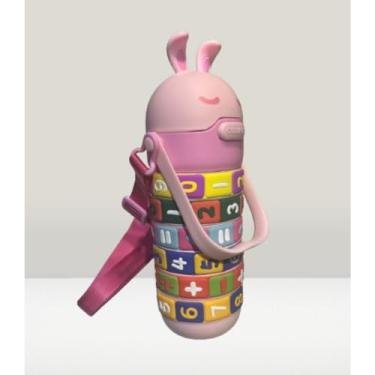 Imagem de Garrafa Squeeze Infantil Educativa Tabuada Interativa Numeros e Fórmuas com Canudo e Alça 520ml (Rosa claro)