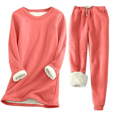 Imagem de Roupas femininas quentes, camisetas, calças, pijamas, conjuntos de pijama para mulheres, forrado com lã, combinando com lã, outono inverno 2024, O-814 Vermelho melancia, XG