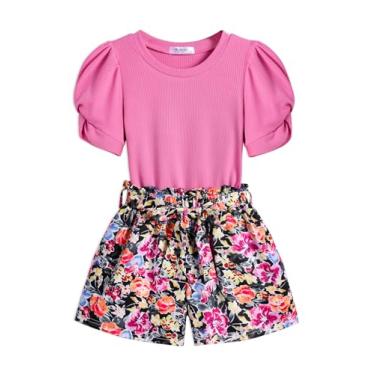 Imagem de Arshiner Conjunto de 2 peças de roupas de verão para meninas, manga bufante torcida e bolsa de papel de cintura alta com bolsos, Flor rosa profundo, 2-3 Anos