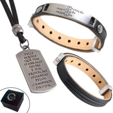 Imagem de Kit Pulseira Pai Inspiração Proteção Respeito de Couro Ajustável + Col