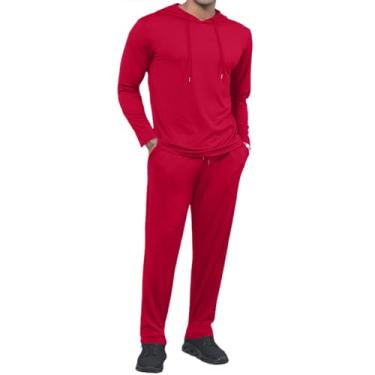 Imagem de Uni Clau Conjunto de 2 peças de agasalho masculino com capuz, casual, atlético, corrida, Vermelho, 3G
