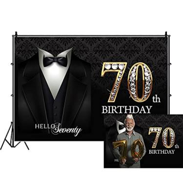 Imagem de DORCEV 2,4 m x 1,8 m Masculino Feliz Aniversário Smoking Pano de Fundo para Festa de Aniversário Diamantes Ouro 70º Preto Gravata Terno Smoking Fotografia Fundo Pai Vovô Hello Seventy Adereços de Festa de Luxo