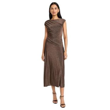 Imagem de Maggy London Vestido feminino elegante franzido midi manga cavada gola canoa vestido coquetel justo, Preto/cobre, 36