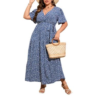 Imagem de ShopWonder Vestido feminino plus size com decote em V, cintura alta, babados, vestido casual de verão com cinto, Azul escuro e branco, GG
