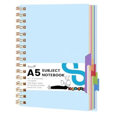 Imagem de Koogel Caderno espiral com abas, caderno espiral de 5 assuntos, pautado para faculdade, com divisórias removíveis, 200 páginas, diários forrados para mulheres, anotações, trabalho, escola, presentes