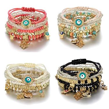 Imagem de COLORFUL BLING Conjunto de 4/2 pulseiras boêmias elásticas multicamadas com olho turco Hamsa, pulseira empilhável à mão com berloques de cristal multicoloridos feito à mão com contas de cristal, conjunto de pulseiras de proteção da sorte, trumpet, Cristal, sem pedra