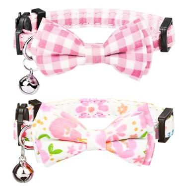 Imagem de G-ficu Pacote com 2 colares para gatos com lindo pingente de sino, coleiras xadrez de flores para meninas, meninos, gatos, gatinhos com fivela de segurança ajustável, rosa II