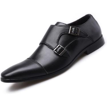 Imagem de Mens Double Mon Strap Slip on Loafer Cap Toe Couro Oxford Apontou Formal Business Casual Confortável Sapatos para Homens, Preto, 12 Reino Unido