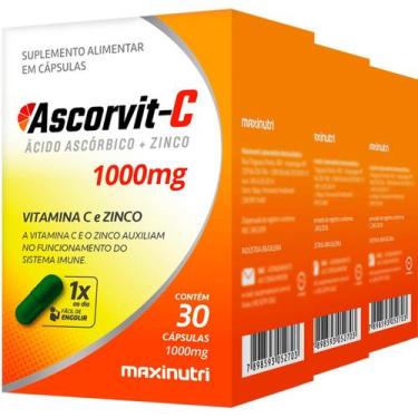 Imagem de Kit 3 Vitamina C e Zinco Ascorvit C 1000mg 30 Cápsulas Maxinutri