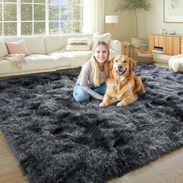 Imagem de KING DARE Tapete de pelúcia de 22 x 30,5 cm para sala de estar, macio, fofo, peludo, grande, tingido de preto, cinza, antiderrapante, lavável, moderno, para decoração estética de quarto, casa