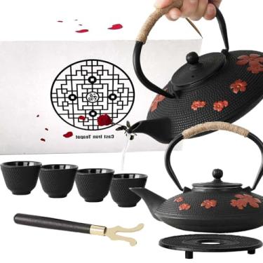 Imagem de Conjunto de bule de chá de ferro fundido com embalagem de presente, bule de chá de flor de pera, conjunto de chá de tesubin estilo japonês, 4 xícaras, tripé e suporte de tampa