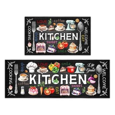 Imagem de SHUNLCD Farmhouse Kitchen Rules Conjunto de 2 peças, tapetes pretos rústicos decorativos de cozinha, tapetes antiderrapantes absorventes laváveis tapete colorido 43 × 76 + 43 x 17 cm