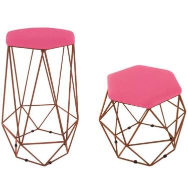 Imagem de Kit Puff E Banqueta Aramado Base Bronze Suede Rosa Pink
