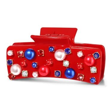 Imagem de Grampos de cabelo patrióticos de 4 de julho para mulheres, vermelho, branco, azul, brilhante, cristal, pérola, estrelas, prendedor de garra, bandeira americana, clipe de mandíbula, Dia da