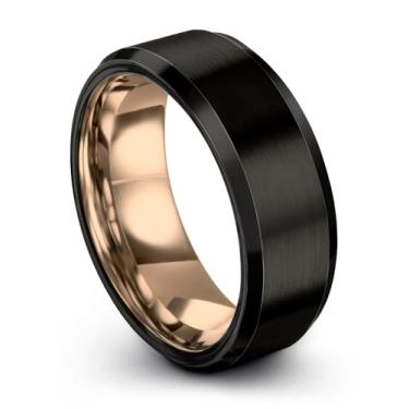 Imagem de Midnight Rose Collection Aliança de casamento de tungstênio de 8 mm para homens e mulheres, banhado a ouro rosa 18 K, borda chanfrada, preta escovada, polida, Banhado a ouro, ouro rosa, rosa, tungstênio