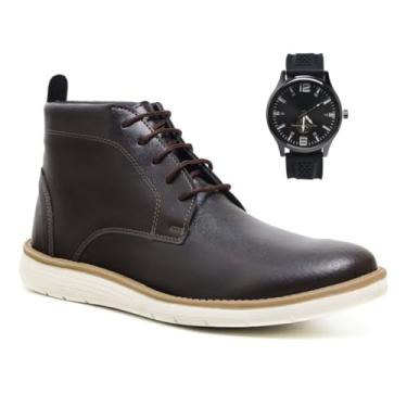 Imagem de Kit Bota Social Masculina em Couro Legítimo + Relógio de Pulso Clássico | Palmilha Espumada | Estilo Elegante para Trabalho Eventos e Casual (Marrom, BR, Adulto, Numérico, 42)