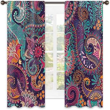 Imagem de Cortina com isolamento mandala boêmia sombreada, estampa floral roxa boêmia, tecido impermeável, para sala de estar ou quarto, L 250 x C 213 cm roxo