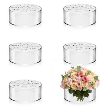 Imagem de 6 Vasos redondos de flores de acrílico para centros de mesa de 14 cm com orifícios, para arranjos de flores, recepções de mesa e casamentos em caixa curta, suporte de base baixa a granel, vasos baixos