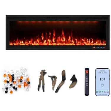 Imagem de Lareira Elétrica Embutida e de Parede Valuxhome 121,92 cm, Aquecedor Ultra Fino, Efeito de Chama Ajustável, Decoração com Cristais e