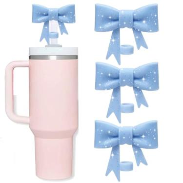 Imagem de Oddyami Cobertura de canudo de laço para Stanley Cup, topo de palha azul com glitter de silicone para copo com alça 30/1,134 g, tampa de palha fofa de 10 mm/0,4 pol, tampas de canudo reutilizáveis