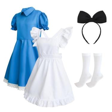 Imagem de MRYUWB Vestido azul para meninas com avental branco, faixa de cabeça, meias para o dia da leitura, fantasias de Dia das Bruxas para crianças de 5 a 14 anos (azul, 9 a 10 anos)