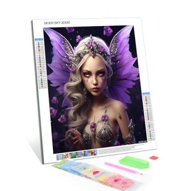Imagem de MOER SKY Kits de pintura de diamante de fada bonita fada com asas roxas e flor para adultos iniciantes, pintura artística de diamante por 5D pedra redonda completa artesanato DIY para decoração de