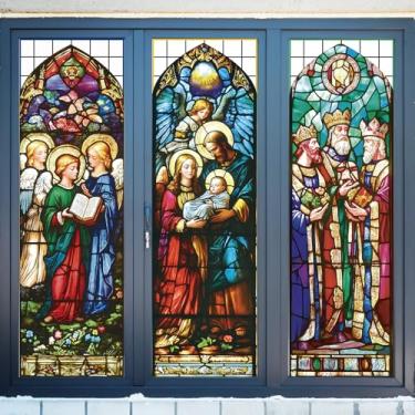 Imagem de 3 peças grandes de 89 cm, adesivos de vidro vitral de Natal para presépio e janela de presépio cristãos religiosos reutilizáveis para Natal, férias, igreja, domingo, escola, decoração de porta de casa