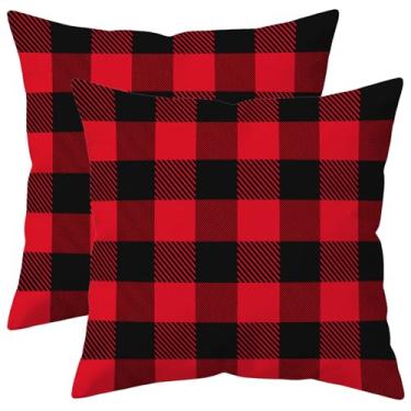 Imagem de HYJ Conjunto de 2 capas de almofada xadrez de búfalo vermelho e preto, 40,6 x 40,6 cm, capas de almofada decorativas de casa de fazenda de Natal, capas de almofada de linho branco dupla face para