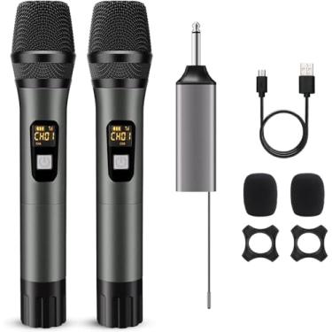 Imagem de voijump Microfone sem fio: Sistema dinâmico bimetálico UHF portátil sem fio com receptor recarregável. Alcance de 60 m. para karaokê, discurso, festa, casamento, igreja, máquina de cantar. Conexão